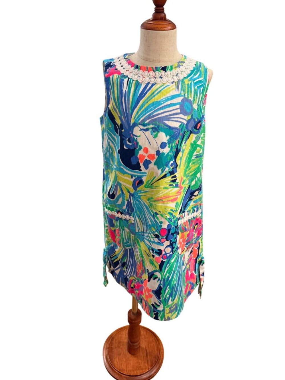 Lilly Pulitzer Girls Shift Dress Tropical Print Sleeveless Size 8 Blue Green
